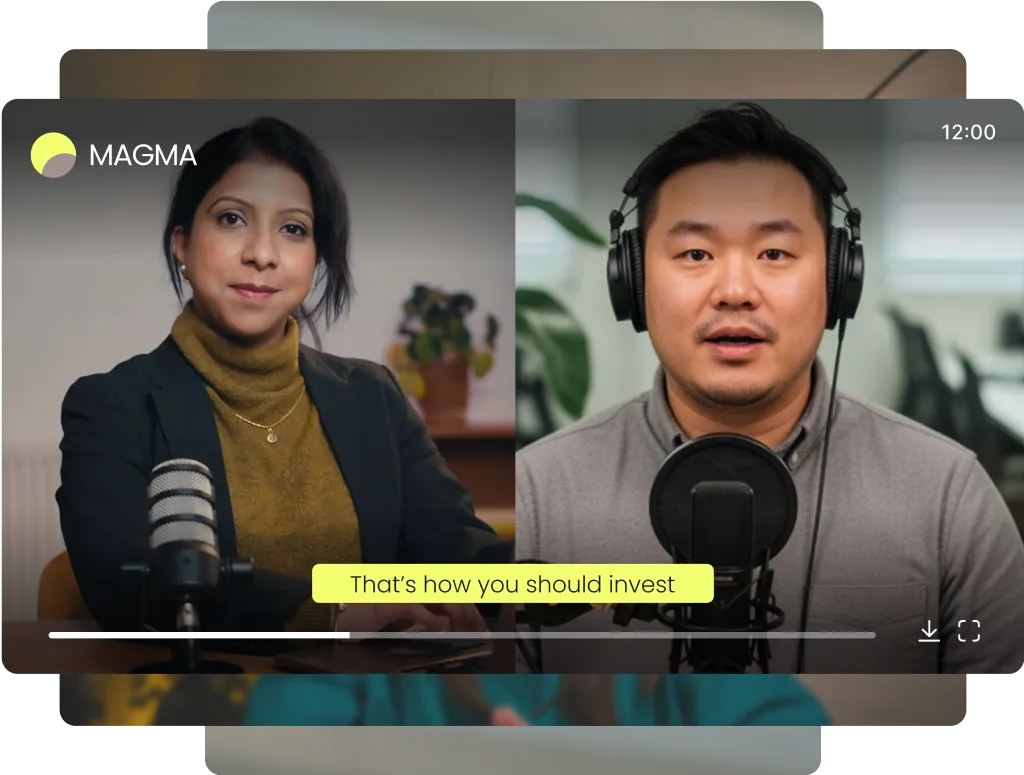 Two people on a video call with microphones; woman on the left, man on the right wearing headphones.
